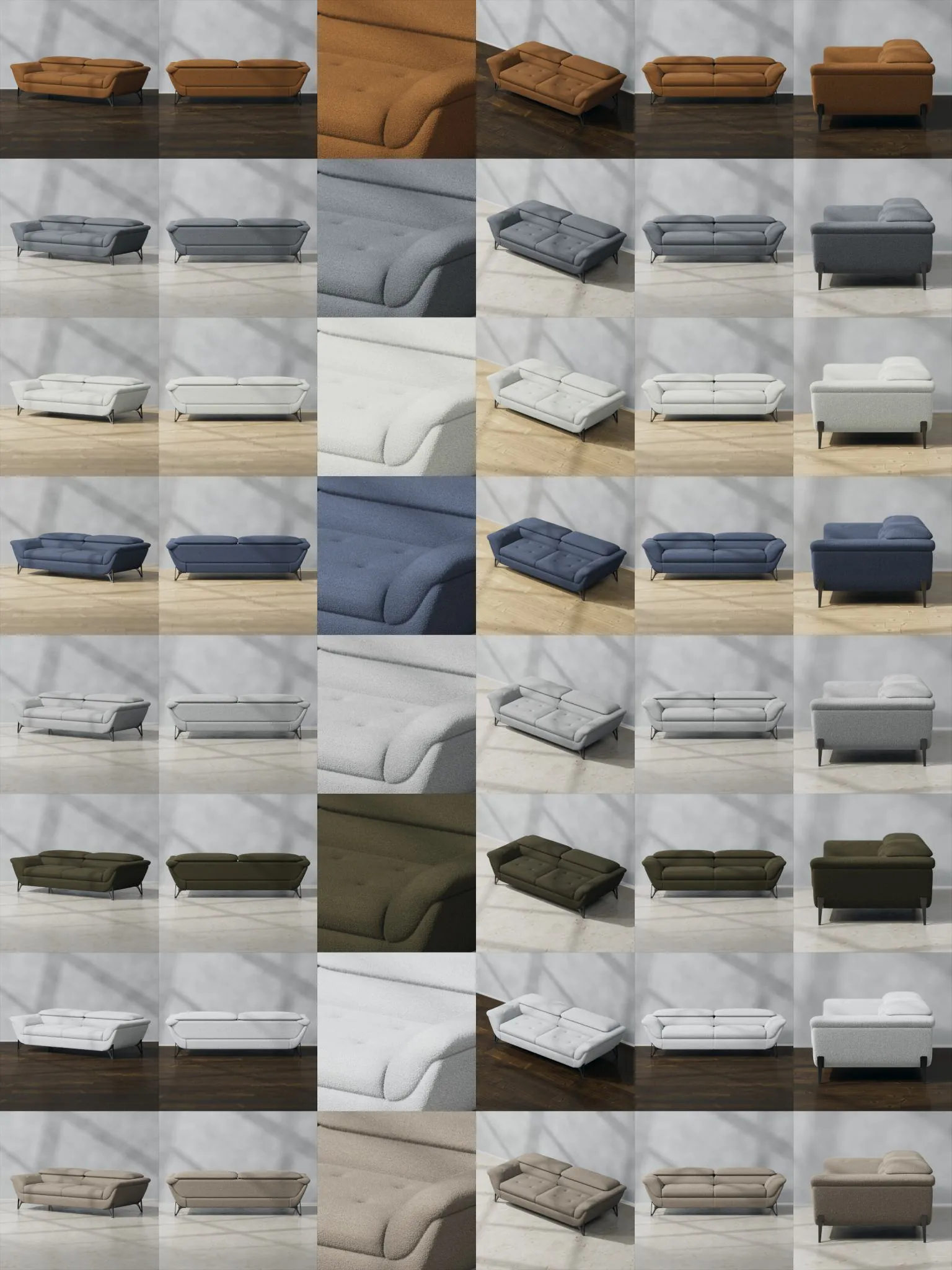 Single sofa, multiple views and colors