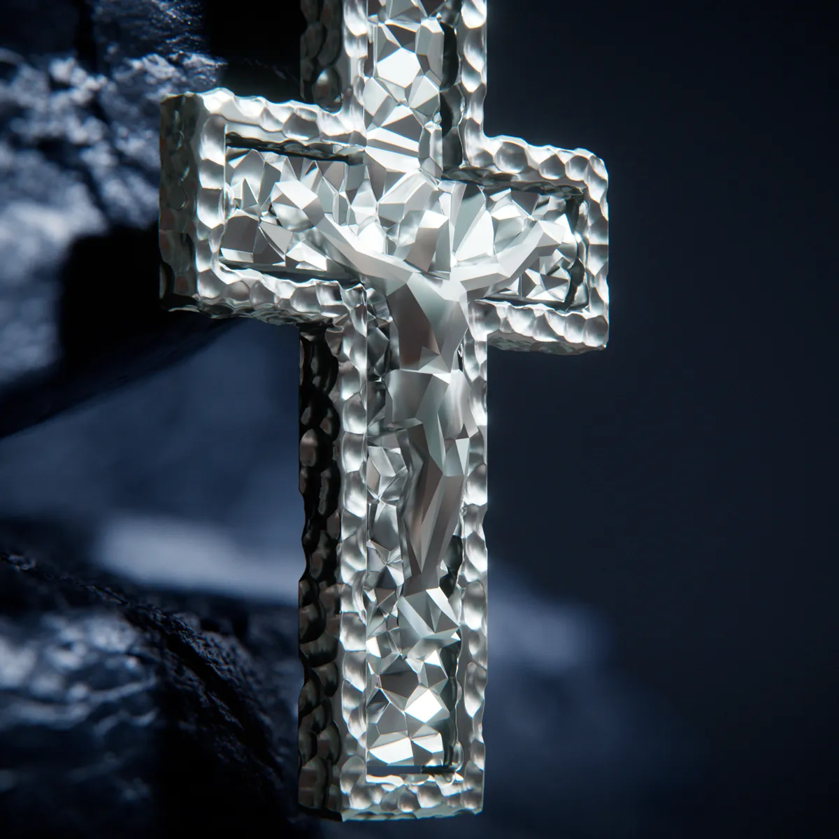 Silver Cross on Rock Closeup